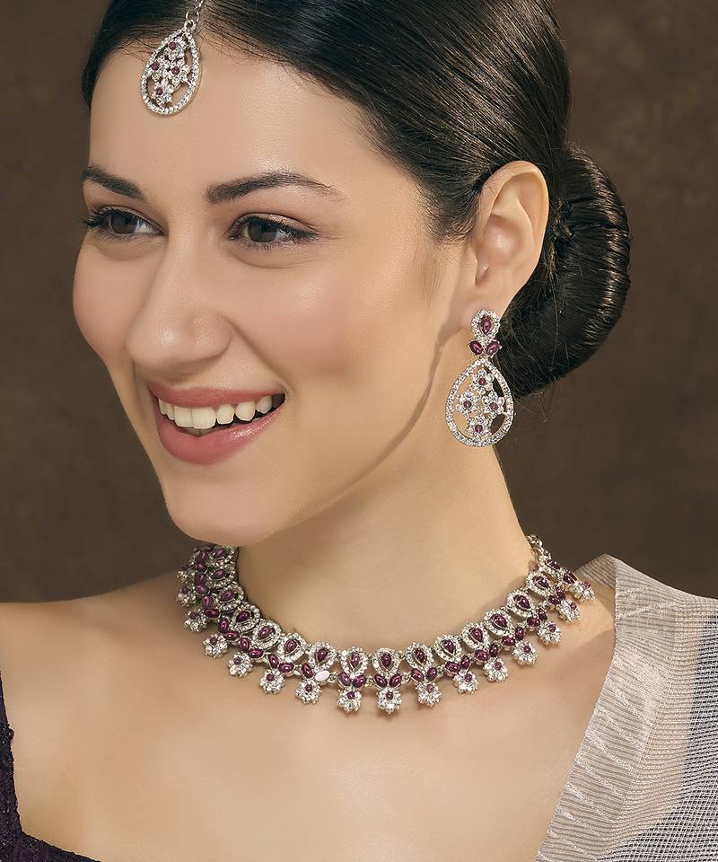 Purple rhodium premium designer american diamond and stone work necklace set