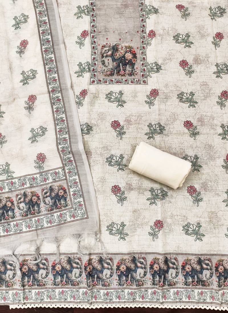white cotton poly embroidered dress material