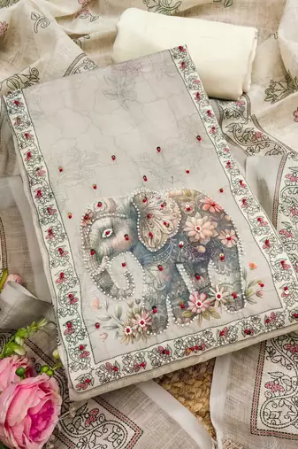 white cotton poly embroidered dress material