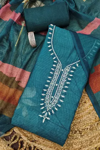 teal cotton poly embroidered dress material