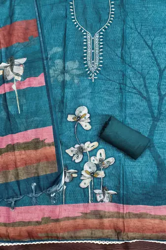 teal cotton poly embroidered dress material