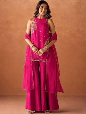 Women's pink silk blend embroidered kurti set for women with dupatta and palazzo 1