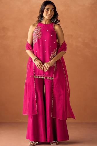 Women's pink silk blend embroidered kurti set for women with dupatta and palazzo