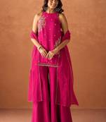 Women's pink silk blend embroidered kurti set for women with dupatta and palazzo