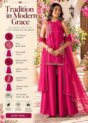 Women's pink silk blend embroidered kurti set for women with dupatta and palazzo 2