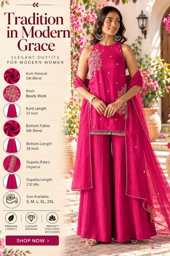Women's pink silk blend embroidered kurti set for women with dupatta and palazzo