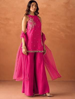 Women's pink silk blend embroidered kurti set for women with dupatta and palazzo 3