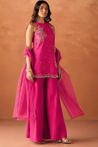 Women's pink silk blend embroidered kurti set for women with dupatta and palazzo