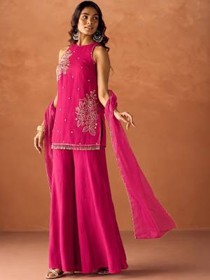 Women's pink silk blend embroidered kurti set for women with dupatta and palazzo 4