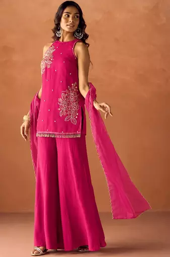 Women's pink silk blend embroidered kurti set for women with dupatta and palazzo