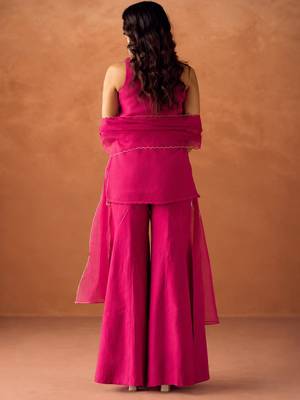 Women's pink silk blend embroidered kurti set for women with dupatta and palazzo 5