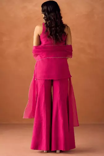 Women's pink silk blend embroidered kurti set for women with dupatta and palazzo