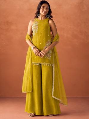 Women's mustard silk blend embroidered kurti set for women with dupatta and palazzo 1