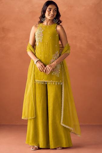 Women's mustard silk blend embroidered kurti set for women with dupatta and palazzo