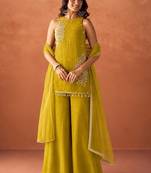 Women's mustard silk blend embroidered kurti set for women with dupatta and palazzo