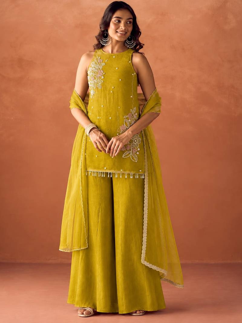 Women's mustard silk blend embroidered kurti set for women with dupatta and palazzo