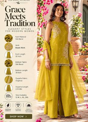 Women's mustard silk blend embroidered kurti set for women with dupatta and palazzo 2
