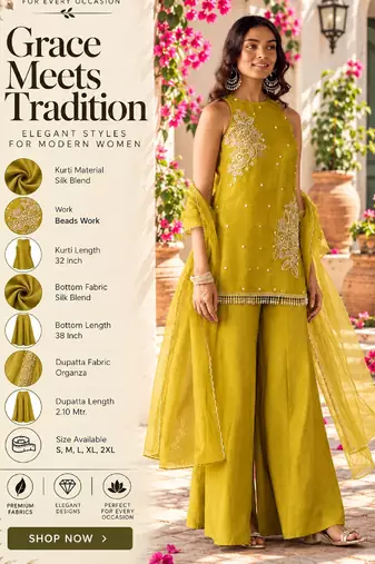 Women's mustard silk blend embroidered kurti set for women with dupatta and palazzo