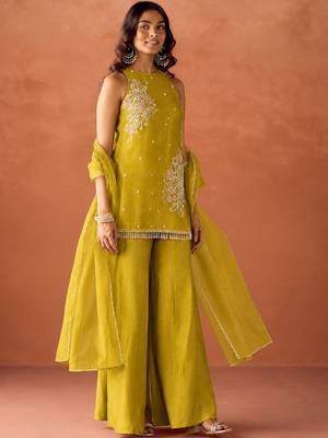 Women's mustard silk blend embroidered kurti set for women with dupatta and palazzo 3