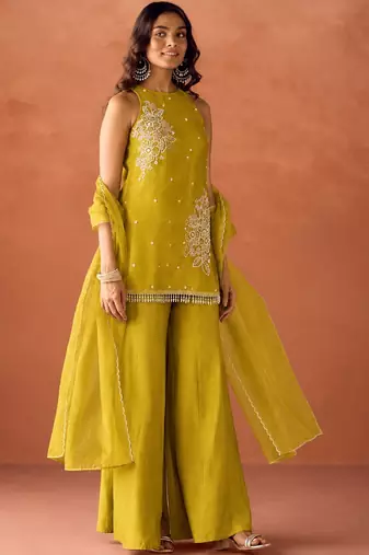 Women's mustard silk blend embroidered kurti set for women with dupatta and palazzo