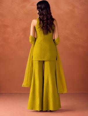 Women's mustard silk blend embroidered kurti set for women with dupatta and palazzo 4