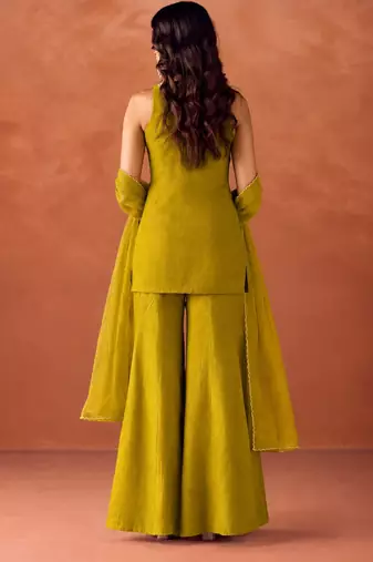 Women's mustard silk blend embroidered kurti set for women with dupatta and palazzo