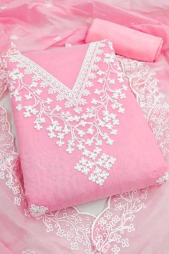 pink chanderi embroidered dress material