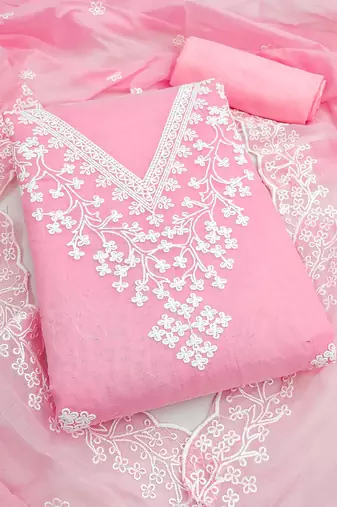 pink chanderi embroidered dress material
