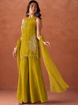 Women's mustard silk blend embroidered kurti set for women with dupatta and palazzo 5