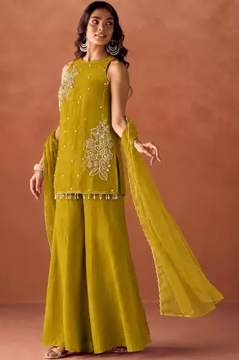 Women's mustard silk blend embroidered kurti set for women with dupatta and palazzo