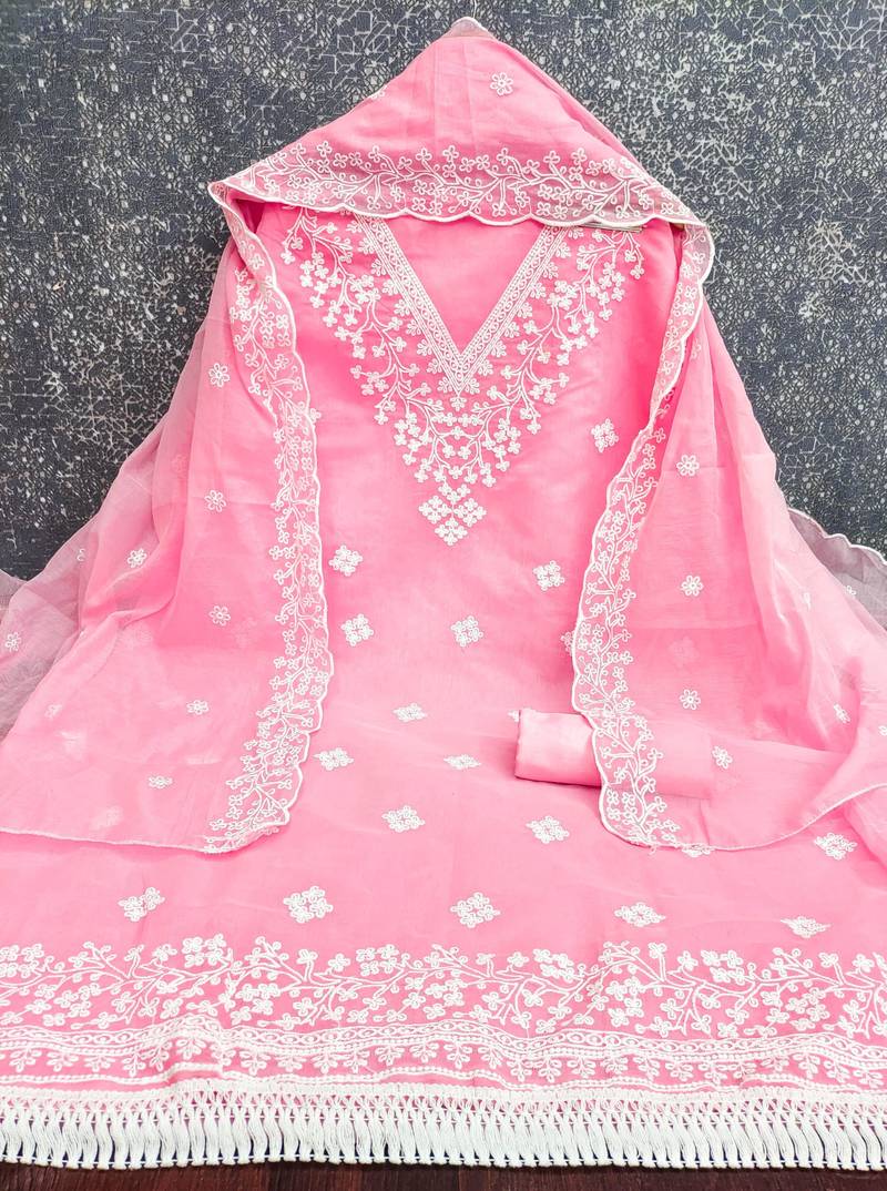 pink chanderi embroidered dress material