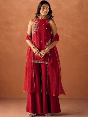 Women's red silk blend embroidered kurti set for women with dupatta and palazzo 1