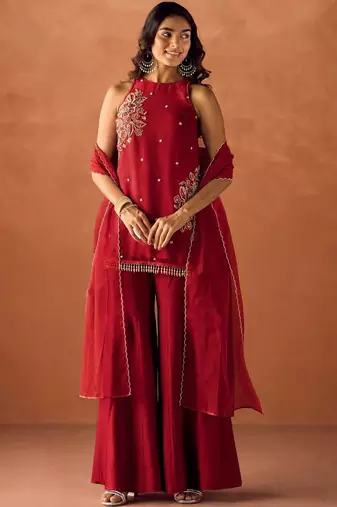 Women's red silk blend embroidered kurti set for women with dupatta and palazzo