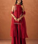 Women's red silk blend embroidered kurti set for women with dupatta and palazzo