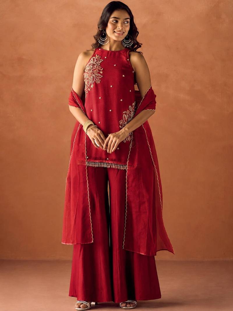 Women's red silk blend embroidered kurti set for women with dupatta and palazzo