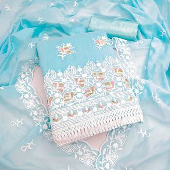 blue chanderi embroidered dress material 1