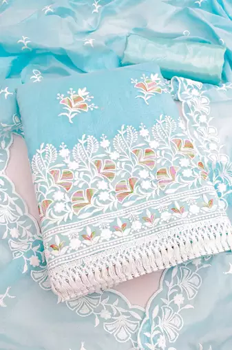 blue chanderi embroidered dress material