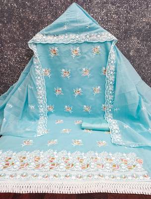blue chanderi embroidered dress material 2