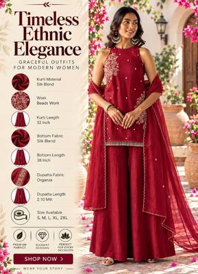 Women's red silk blend embroidered kurti set for women with dupatta and palazzo 2