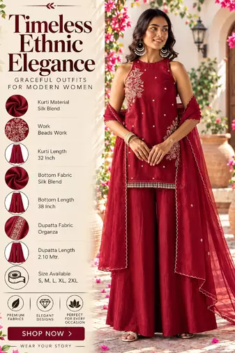 Women's red silk blend embroidered kurti set for women with dupatta and palazzo