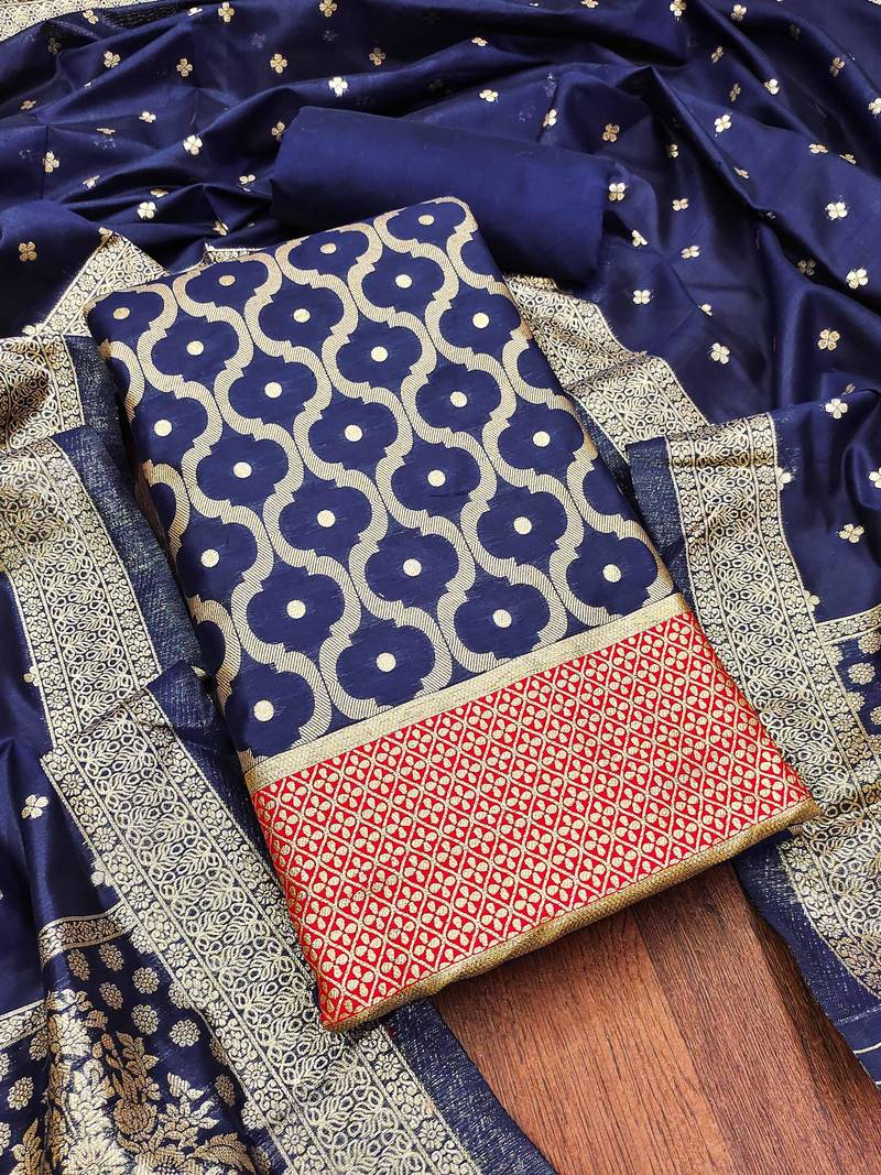 blue cotton poly weaved dress material
