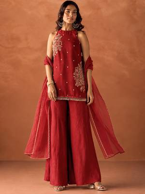 Women's red silk blend embroidered kurti set for women with dupatta and palazzo 3