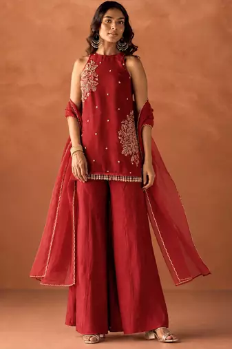 Women's red silk blend embroidered kurti set for women with dupatta and palazzo