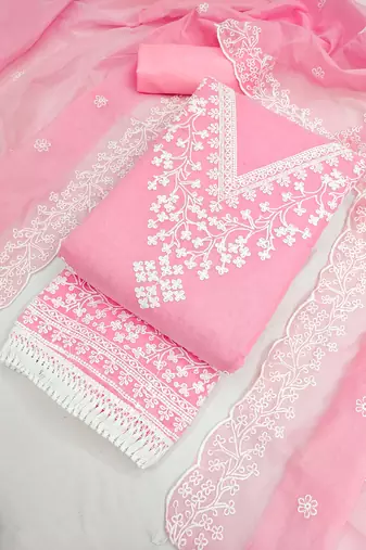 pink chanderi embroidered dress material