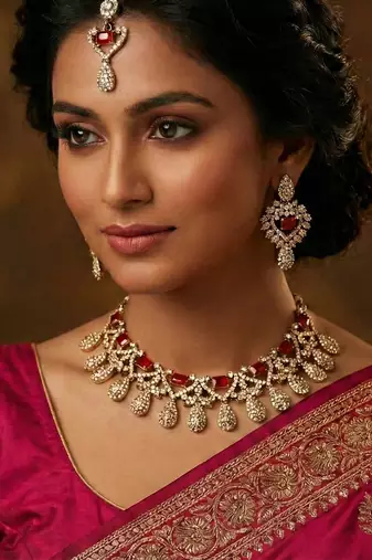 Pink yellow gold premium designer american diamond and stone work necklace set