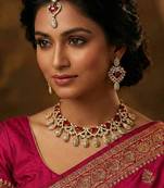 Pink yellow gold premium designer american diamond and stone work necklace set