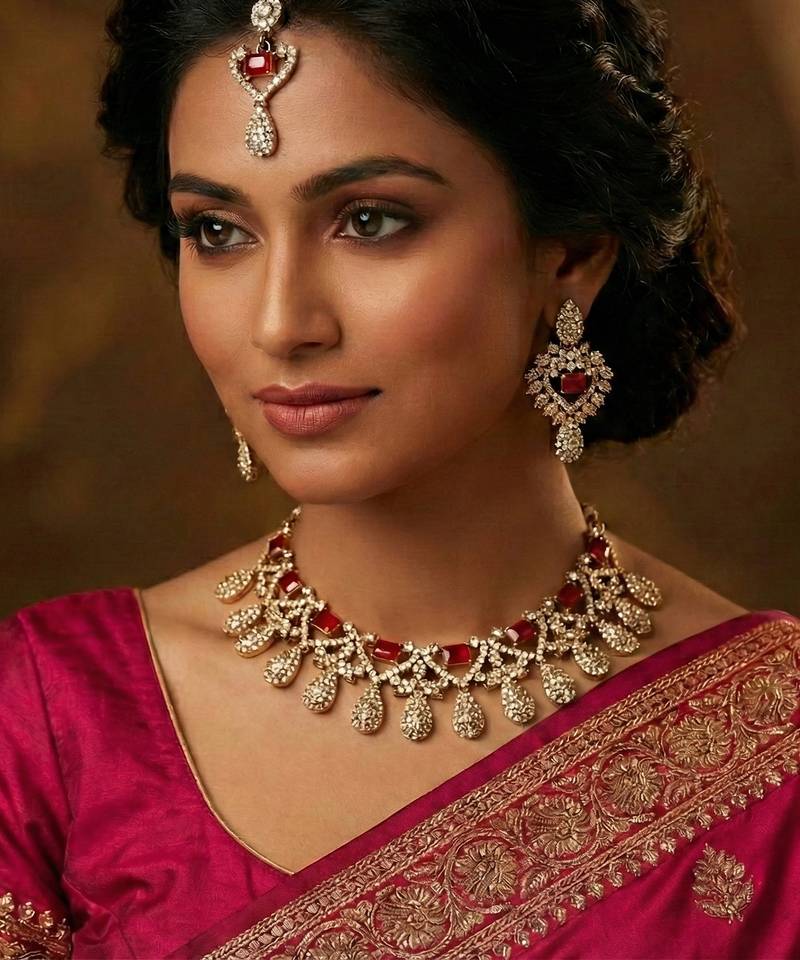 Pink yellow gold premium designer american diamond and stone work necklace set