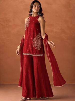 Women's red silk blend embroidered kurti set for women with dupatta and palazzo 4