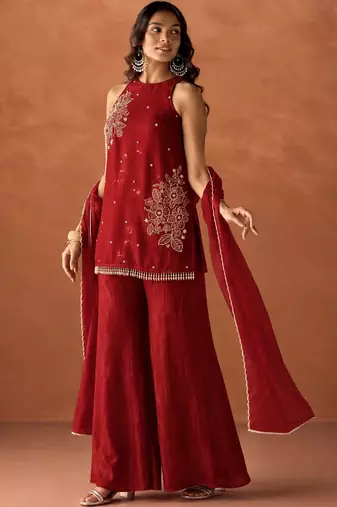 Women's red silk blend embroidered kurti set for women with dupatta and palazzo