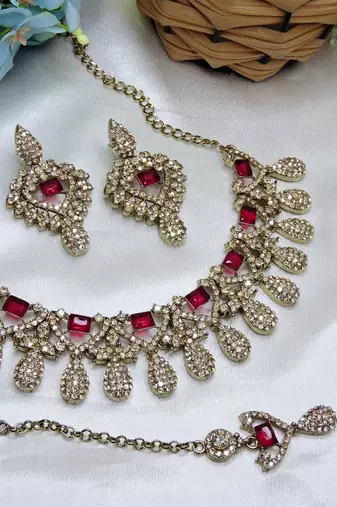 Pink yellow gold premium designer american diamond and stone work necklace set